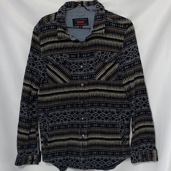 ROCK & ROLL DENIM MENS SIZE MEDIUM FLANNEL AZTEC GEO PRINT METAL BUTTONS POCKETS - Picture 1 of 14